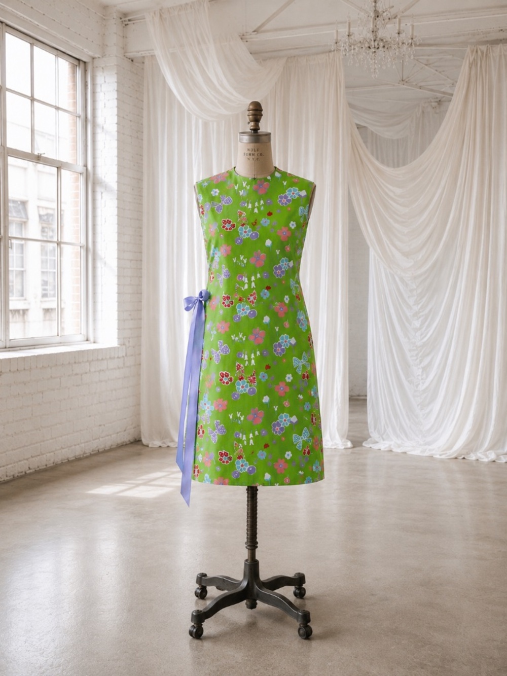 Vintage 1960s Green Ribbons & Flowers Mod Sleeveless Summer Shift Mini Dress